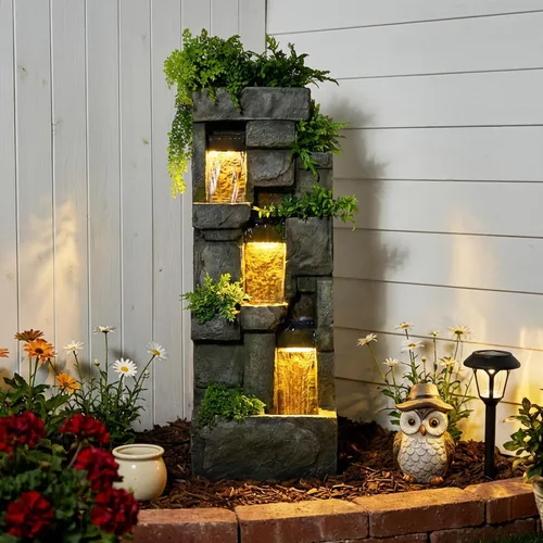 Miniatura 10 de Fuente de agua moderna de 3 niveles para interior/exterior de 35" de alto con luces LED y bomba, cascada en cascada independiente al aire libre