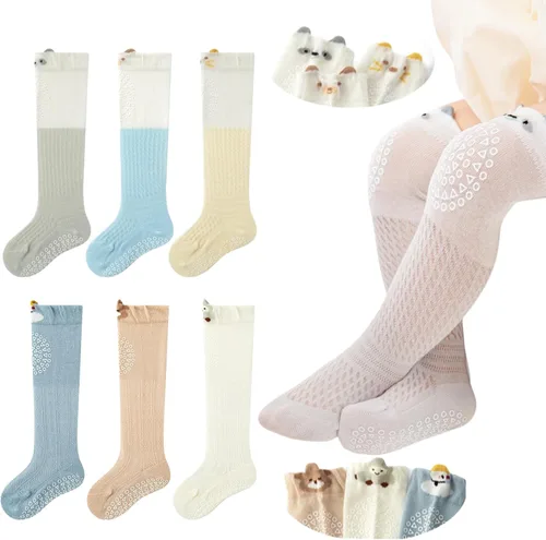 Calcetines antideslizantes hasta la rodilla para bebés y niños pequeños, mallas delgadas para recién nacidos, para gatear en el suelo, 5/6 paquetes