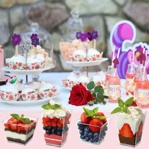 Miniatura 5 de Vasos de postre de plástico de 5 onzas con cucharas, paquete de 50 unidades, mini tazas de postre cuadradas transparentes para aperitivos, tazas