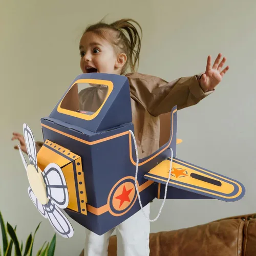 Miniatura 6 de Avión de cartón portátil para niños: disfraz de avión para niños, avión de papel DIY con ventilador giratorio, coche de cartón, divertido juego al