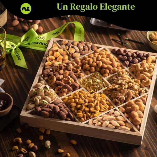 Miniatura 4 de NUT CRAVINGS - Cesta de regalo de nueces mixtas en bandeja de madera de diamante reutilizable + cinta verde (12 surtidos) golosinas para adultos