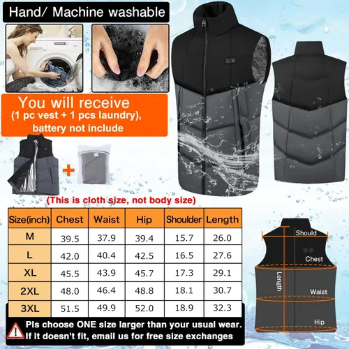 Miniatura 6 de PANGTIKU Chaleco térmico para hombres y mujeres, 17 zonas de calefacción, chaleco eléctrico USB, chaqueta térmica para invierno (batería no incluida)