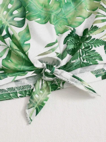 Miniatura 4 de Romwe Conjunto de 2 piezas con estampado tropical y dobladillo con lazo para niña