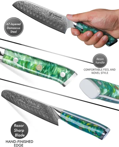 Miniatura 3 de Santoku Cuchillo de 7 pulgadas - Serie Xuan - Cuchillo de cocina de acero Damasco VG10 - Mango de resina (verde jade)