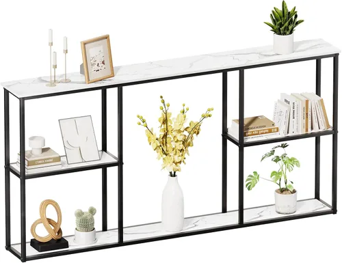 Miniatura 11 de WOHOMO Mesa consola, mesa de entrada estrecha de 12 pulgadas para sala de estar, 31.5 x 31.5 pulgadas, mesa de sofá industrial negra con estantes