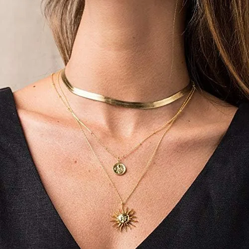 Miniatura 3 de MEVECCO Collar de oro para mujer, disco de moneda con patrón celestial, colgante grabado chapado en oro de 18 quilates, simple, personalizado