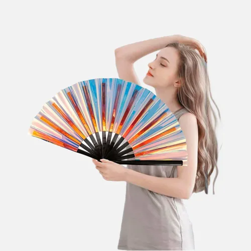 Miniatura 4 de Ventilador de mano plegable grande para hombres y mujeres, ventilador holográfico para mujeres, fiesta de baile, festivales, Halloween, EDM