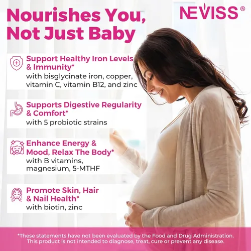 Miniatura 8 de NEVISS Vitaminas prenatales para mujeres, gomitas multivitamínicas con metilfolato de 1 mg, colina omega-3 (DHA+EPA) hierro + citicolina 1000 mg