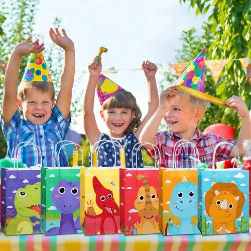 Miniatura 5 de Pajean 24 bolsas de caramelos de dinosaurio con asa, bolsas de papel de recuerdo de fiesta de dinosaurios, regalos para niños, envoltura