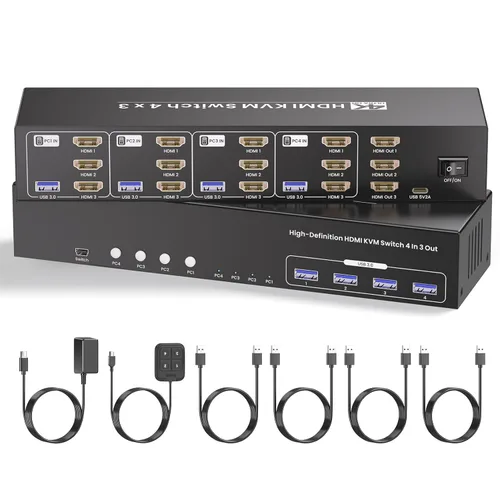 Miniatura 8 de Conmutador KVM HDMI 4K a 60Hz 1 Monitores 4 Computadoras, USB 3.0 4 Puertos HDMI KVM Switch para 4 Computadoras Compartir 1 Juego de Teclado, Ratón