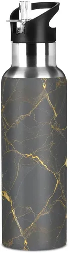 Miniatura 8 de Gray Marble Gold Yellow Insulated Water Bottle 32 Oz, BPA-Free Sports Water Bottle with Straw Leakproof Water Bottles
