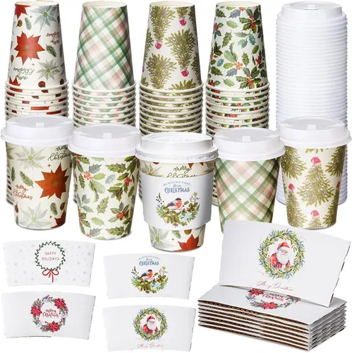 Miniatura 8 de Yungyan Paquete de 100 Tazas de Café Desechables de Navidad de 12 oz con Tapas y Mangas, Tazas de Café de Papel Aisladas con Tapas de Cúpula