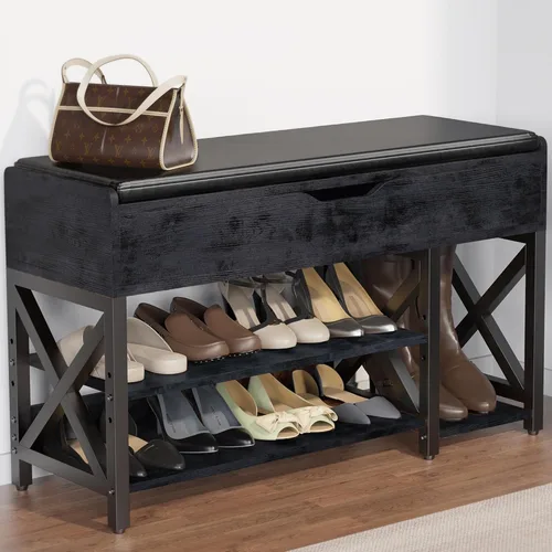 Shoe Bench, Lift Top Shoe Storage Bench, Adjustable Shelf Entryway Bench with Padded Cushion for Entry, Closet, Living Room, Hallway, 2-Tier Shoe