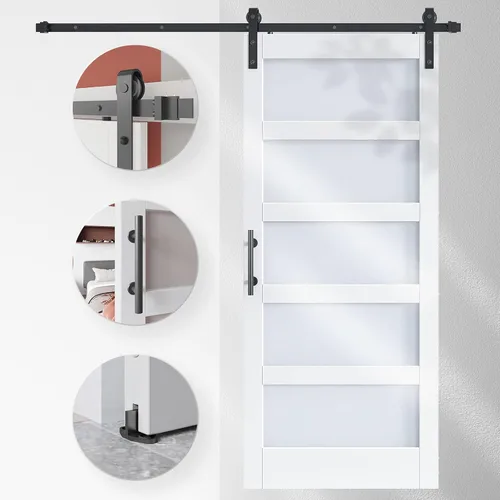 Miniatura 3 de EaseLife puerta de granero de vidrio de 28 x 84 pulgadas con kit de herrajes deslizantes de 5 pies incluido y manija, madera maciza cubierta