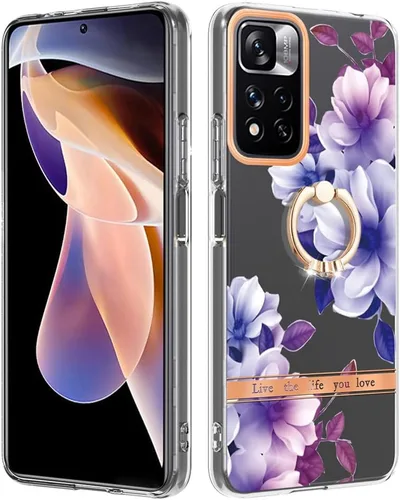 Miniatura 6 de ONV Funda de silicona para Redmi Note 11 Pro 5G – Funda con anillo de metal con purpurina de lujo con flor pintada con flores, funda delgada
