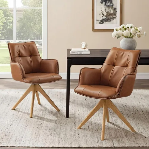 Miniatura 24 de Art Leon Silla de escritorio giratoria – Silla de oficina tapizada de piel sintética sin ruedas, sillón moderno de mediados de siglo con patas