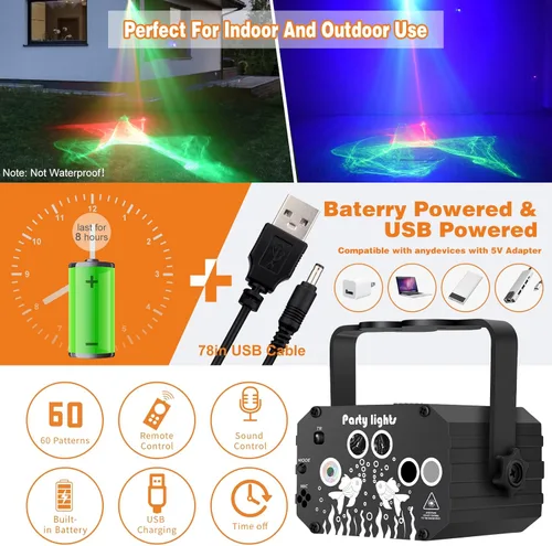 Miniatura 5 de Enjoyedled Luces de Fiesta de Discoteca DJ con Batería - Efecto de Luz Láser Northern LED RGB Activada por Sonido con Iluminación Estroboscópica