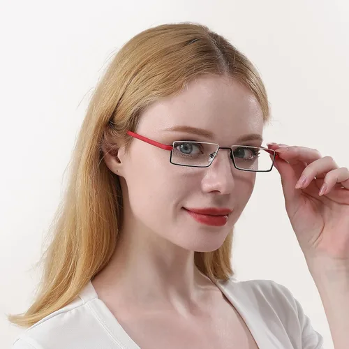 Miniatura 6 de REAVEE Elegantes lentes de lectura de medio marco para mujeres y damas, media lente, ligeros, rectangulares, de metal, portátiles, con estuches