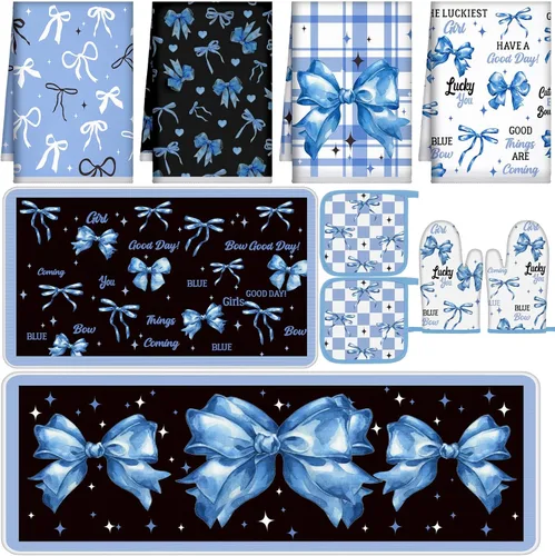Miniatura 13 de Fourluoo Juego de 10 piezas de decoración y accesorios de cocina de girasol, diseño de búfalo blanco y negro, juego de manoplas de horno y soportes