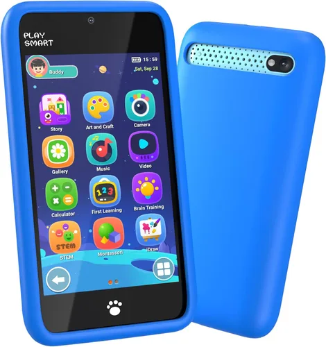 MOMILLA Teléfono inteligente de juguetes para niños, pantalla táctil de 3.97 pulgadas, 16 GB, cámaras duales con más de 45 calcomanías, más de 210