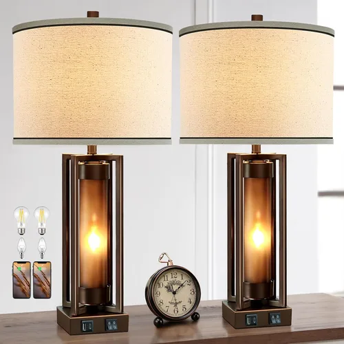 Miniatura 14 de Lámparas de mesa rústicas para sala de estar con puertos USB C+A, lámpara de mesita de noche vintage de granja con luz nocturna de acrílico ámbar