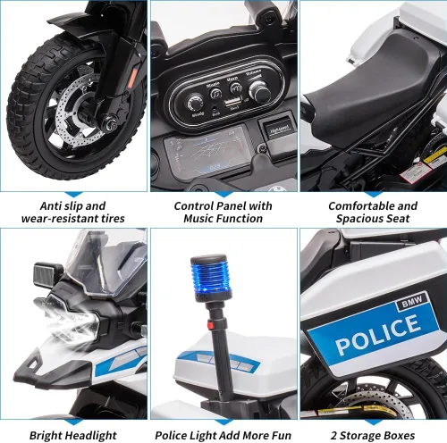 Miniatura 2 de Motocicleta de policía de 12 V, 7 Ah, con licencia BMW con 2 velocidades, faros LED, suspensión de resorte, MP3, música y 2 ruedas de entrenamiento