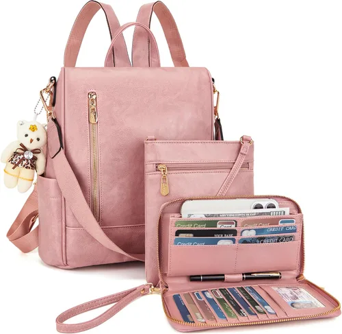 Miniatura 11 de Soperwillton Mochila de moda para mujer, bolso de hombro de cuero antirrobo, bolsa de viaje, múltiples bolsillos, cartera, juego de 3 piezas
