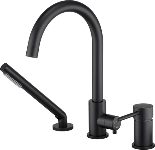 Grifo de bañera de montaje en cubierta negro con rociador, grifos de bañera de alto flujo, grifo de baño de latón con mango montado en la ducha