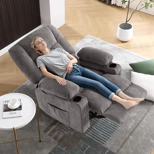 Miniatura 7 de Silla reclinable de masaje de 8 puntos con función mecedora calefactada para adultos, reclinable de gran tamaño con bolsillo lateral, 2 portavasos