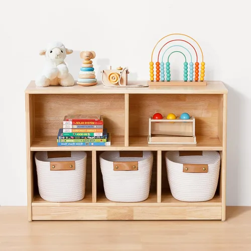 Miniatura 9 de OOOK Gabinete de Almacenamiento de Madera de Caucho de 3 Compartimentos, 35.4" L, Organizadores y Almacenamiento de Juguetes de 2 Niveles, Estante