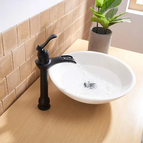 Miniatura 5 de BWE Grifo de Lavabo Tipo Vasija Negro Mate Cascada de Un Solo Orificio con Manija y Tapón de Desagüe Pop-Up Ensamblaje y Manguera de Suministro