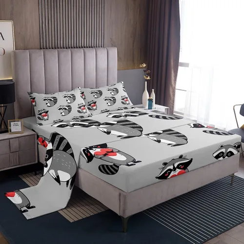 Miniatura 7 de Erosebridal Juego de sábanas tamaño individual de mapache para niños y niños, sábanas florales rosas de animales del bosque, juego de ropa de cama