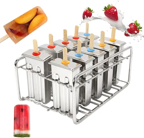 Molde para hacer helados de acero inoxidable, moldes para paletas de hielo con 10 tazas de molde y estante, herramienta para hacer moldes de paletas