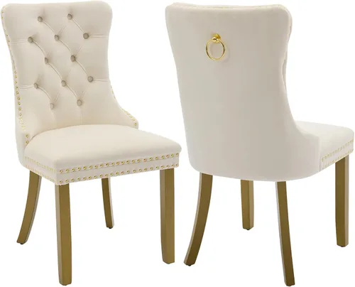 Miniatura 90 de Juego de 2 sillas de comedor, sillas tapizadas de comedor con tira de anillo de tirador y patas de madera maciza, sillas de cocina modernas Pu