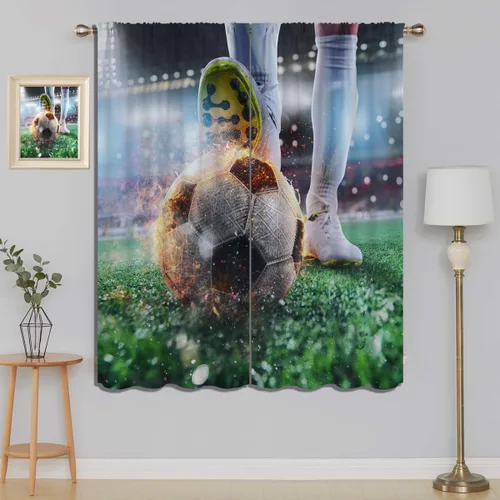 Miniatura 21 de Cortinas opacas de fútbol para niños y niñas, decoración de oscurecimiento de habitación, defensor en deslizamiento, intentos de detener una bola