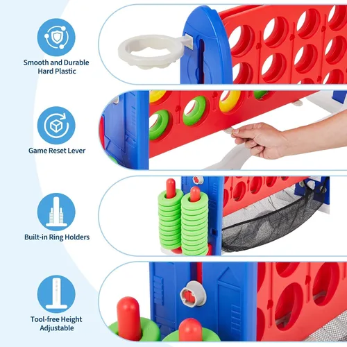 Miniatura 11 de Juego gigante 4 en 1 Connect Juego Jumbo 4 para anotar con baloncesto, golf y lanzamiento de anillo, juego de patio al aire libre de altura