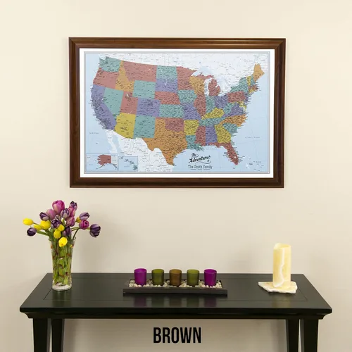 Miniatura 41 de Push Pin Travel Maps Lienzo personalizado Blue Oceans USA con marco gris de madera de granero