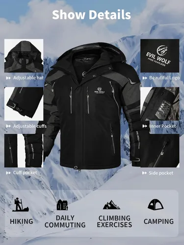 Miniatura 2 de EVIL WOLF Chaqueta de esquí impermeable para hombre, con capucha y cálida, con múltiples bolsillos, equipo esencial de invierno para esquí