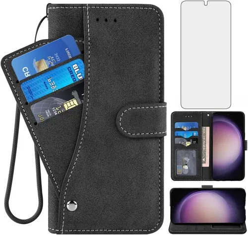 Asuwish Funda tipo cartera compatible con Samsung Galaxy S23 5G y protector de pantalla de vidrio templado, con cordón, soporte para tarjetas de