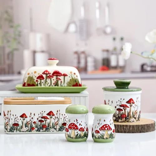 Miniatura 7 de Fungi Fun Juego de salero y pimentero de cerámica con forma de hongo, bonito juego de salero y pimienta para mesa y encimera, contenedores de Verde
