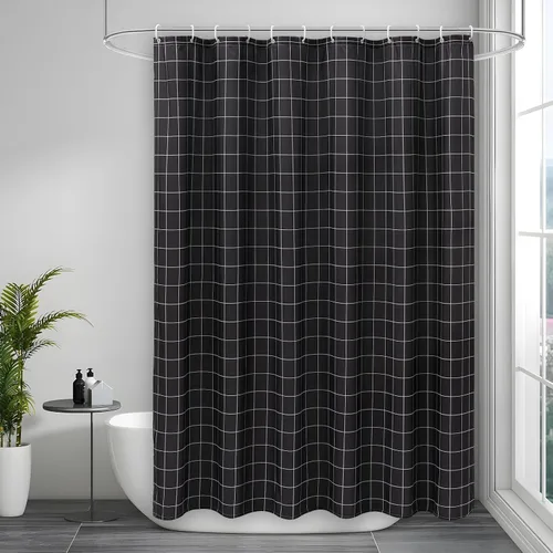 AooHome Cortina de ducha extra larga blanca y negra de 72 x 84 pulgadas, cortina de ducha de baño de tela con patrón a cuadros geométrico con