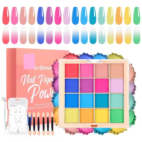 Set de paleta de polvo de pigmento para uñas, 16 colores Ombre con 100 piezas de esponjas y pinzas, uñas francesas Aura Ombre, pincel de uñas,