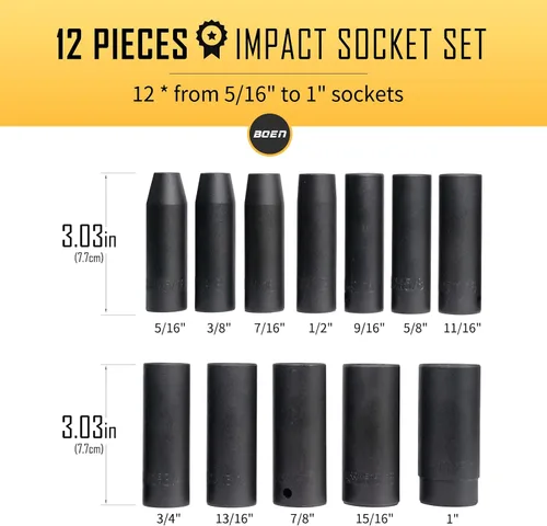 Miniatura 6 de BOEN Juego de 32 piezas SAE y métricas de impacto profundo de 1/2 pulgada, revestimiento de fosfato negro, diseño de 6 puntos, cumple con las normas