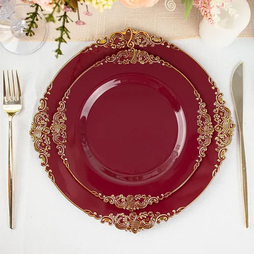 Miniatura 34 de Tableclothsfactory Paquete de 10 platos redondos de plástico barroco dorado de 8 pulgadas para ensalada de postre, vajilla desechable con borde