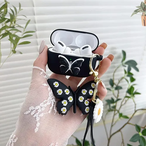 Miniatura 2 de Funda para Airpods Pro de 2ª generación 2022, bonito dije de mariposa 3D de dibujos animados de silicona suave, para mujeres, niñas, niños y Negro