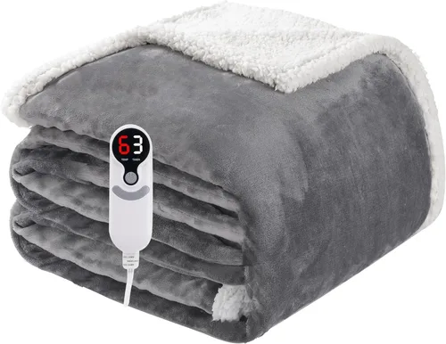 Manta térmica eléctrica tamaño matrimonial de 72 x 84 pulgadas, franela suave con protección contra sobrecalentamiento, 9 ajustes de calor 11-gris