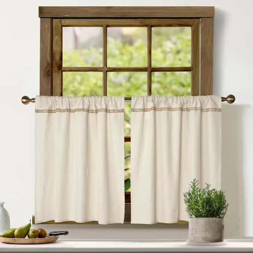 Miniatura 11 de Cenefa de lino de algodón para ventanas con ribete de encaje de arpillera rústica de 12 pulgadas, cenefa de cocina con bolsillo para barra, cortina