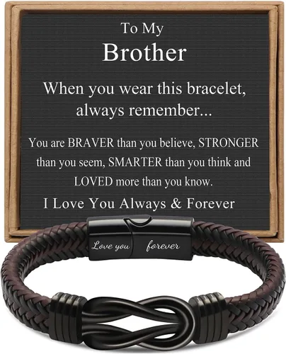 Miniatura 20 de Pulseras de nudo JoycuFF Regalos para hombres Marrón cuero trenzado acero inoxidable pulseras de infinito con inscripción Amor eterno Regalos