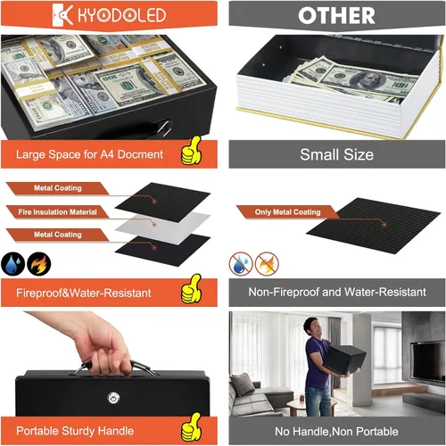 Miniatura 7 de KYODOLED Caja de documentos ignífuga con cerradura de llave, caja de almacenamiento grande y segura para objetos de valor, caja de seguridad