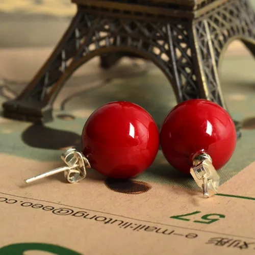 Miniatura 3 de LUREME Aretes de tuerca redondos clásicos para mujer, 02001451-2 con cuentas de concha roja de 0.472in, Base